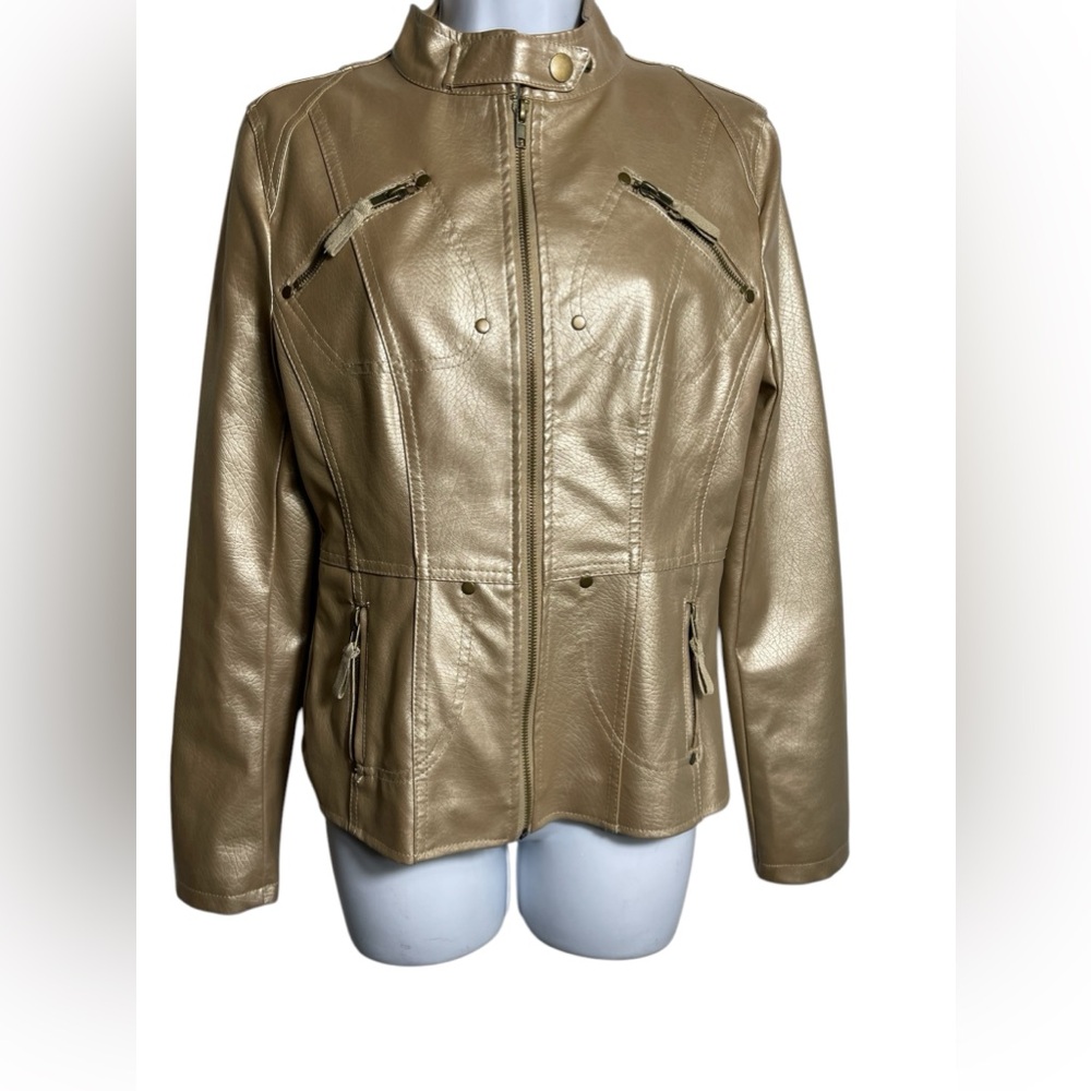 Frida G London jacket women’s size‎ small bright gold faux leather moto jacket